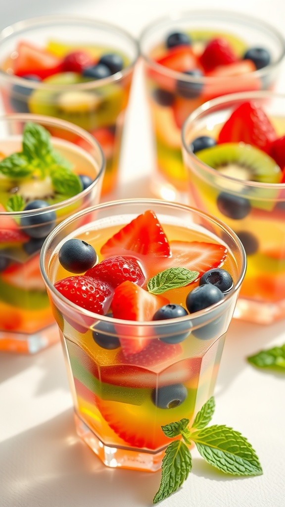 Colorful fruit salad jelly cups with strawberries, blueberries, and kiwi, garnished with mint leaves.